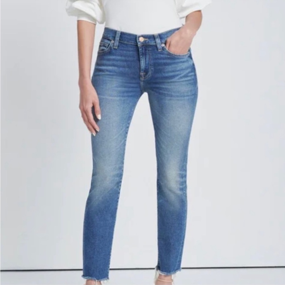 7 For All Mankind Roxanne Blue Skinny Fit Denim Ankle Jeans w/Frayed Hem Sz 26